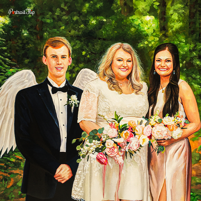Pastel portrait of a wedding party with angel wings